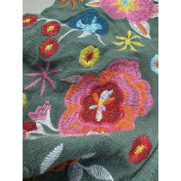 Embroidered Womens Linen Dress 1Sz Green Lagenlook Artsy Cottagecore Boho Hippie - Picture 6 of 16